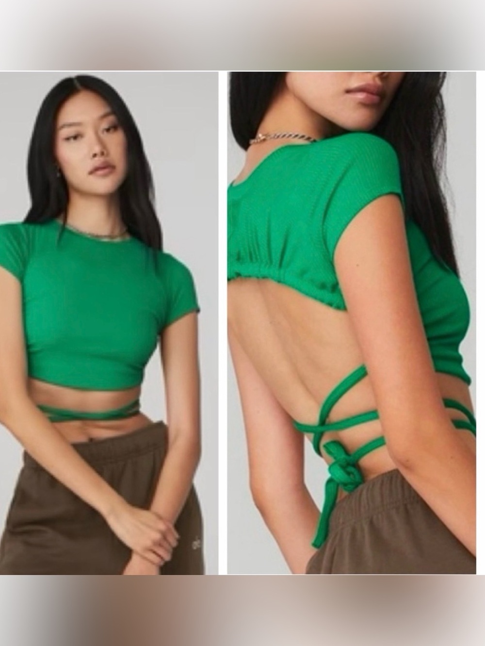 ALO Ribbed Manifest Emerald Green Tie-Back Crop Top Short Sleeve Cover Tee XS